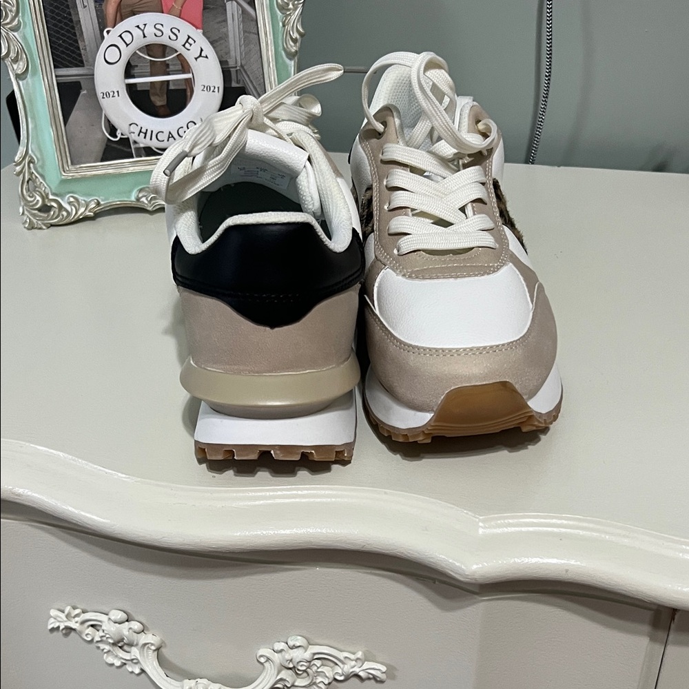 Beige and White Leopard-Accent Women's Sneakers - Picture 2 of 5